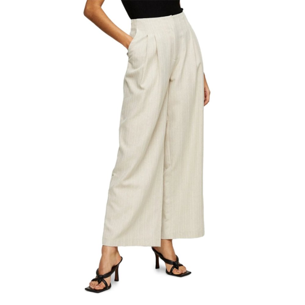 NWT Topshop Herringbone Linen High Waist Rise Wide Leg Trousers Oatmeal 12